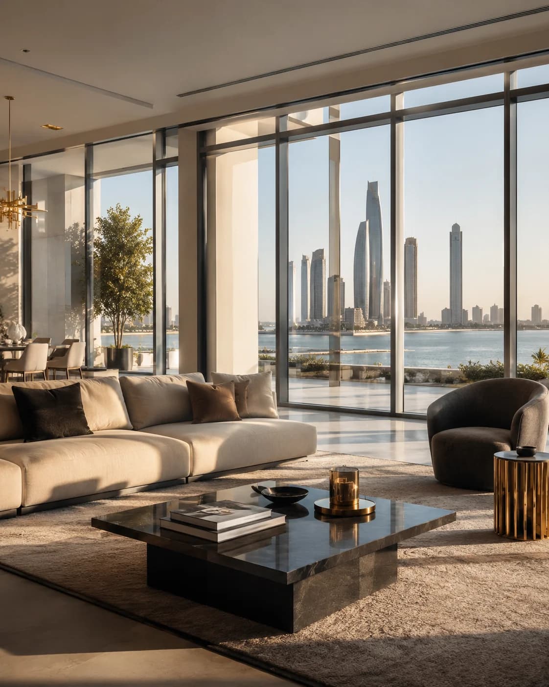 Luxury interior · gold & glass living space